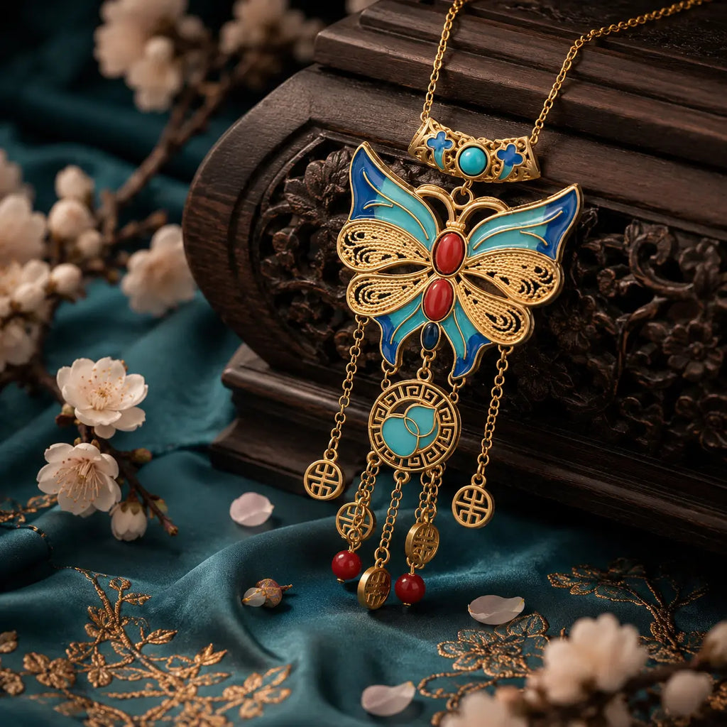 Azure Butterfly Court Tassel Pendant Necklace