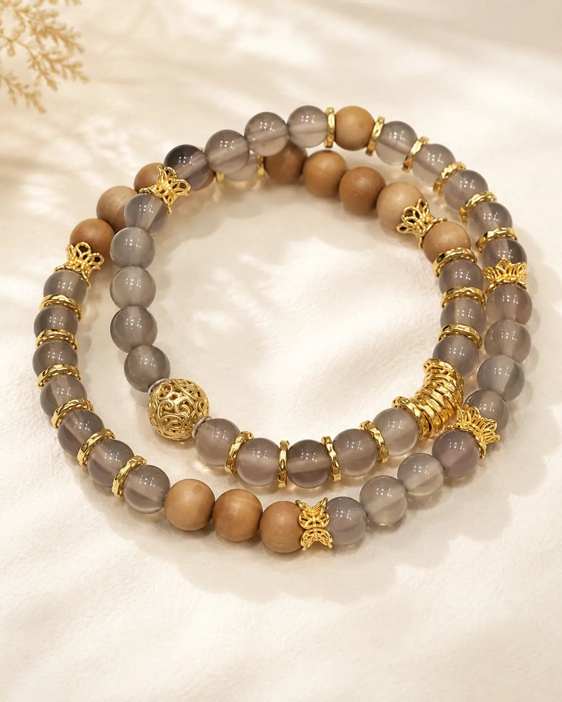 Mistwood Harmony Double-Layer Beaded Bracelet – Gray & Wood Tone Bracelet for Women