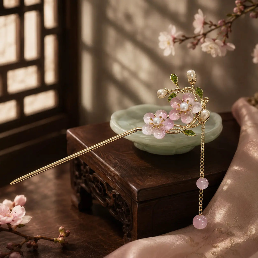 Blush Blossom Pearl Tassel Hairpin