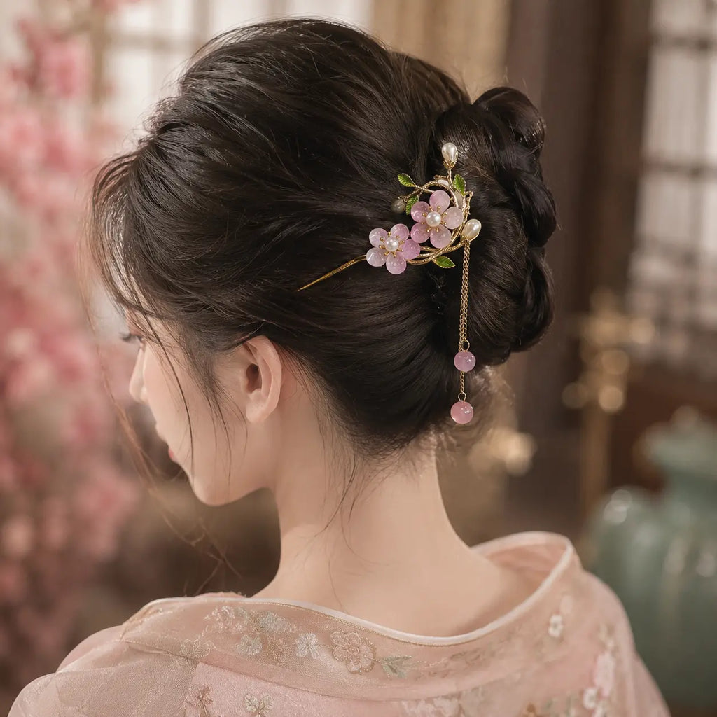 Blush Blossom Pearl Tassel Hairpin