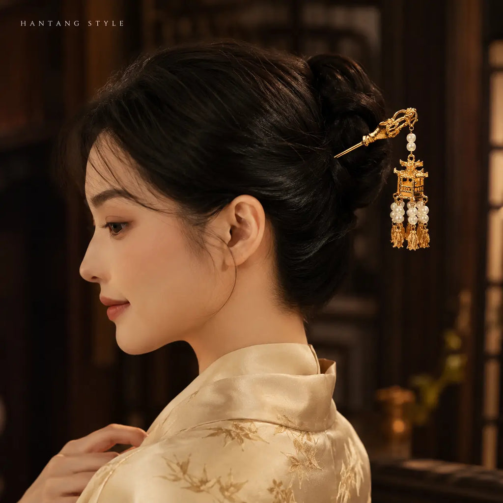 Golden Palace Lantern Pearl Tassel Hairpin