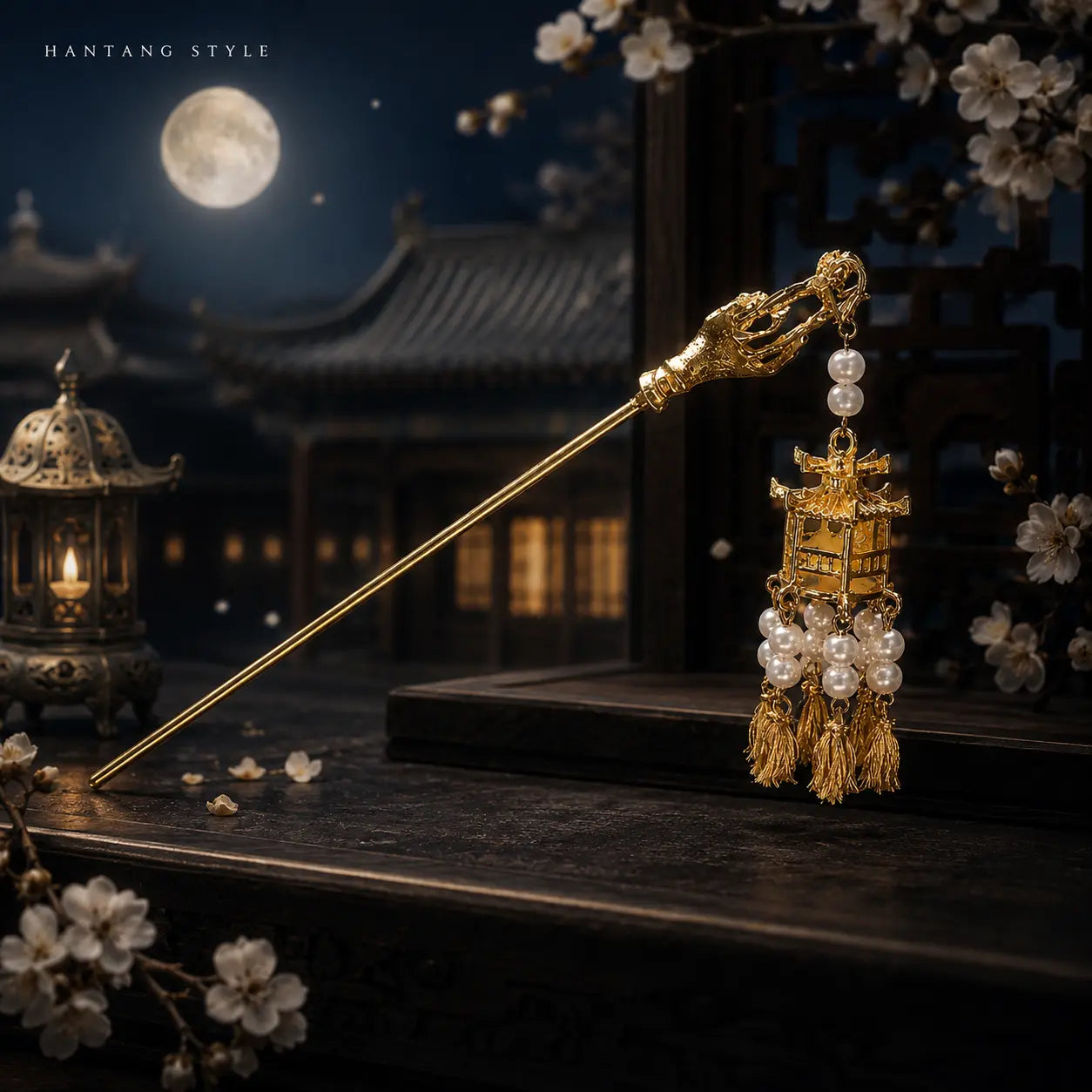 Golden Palace Lantern Pearl Tassel Hairpin