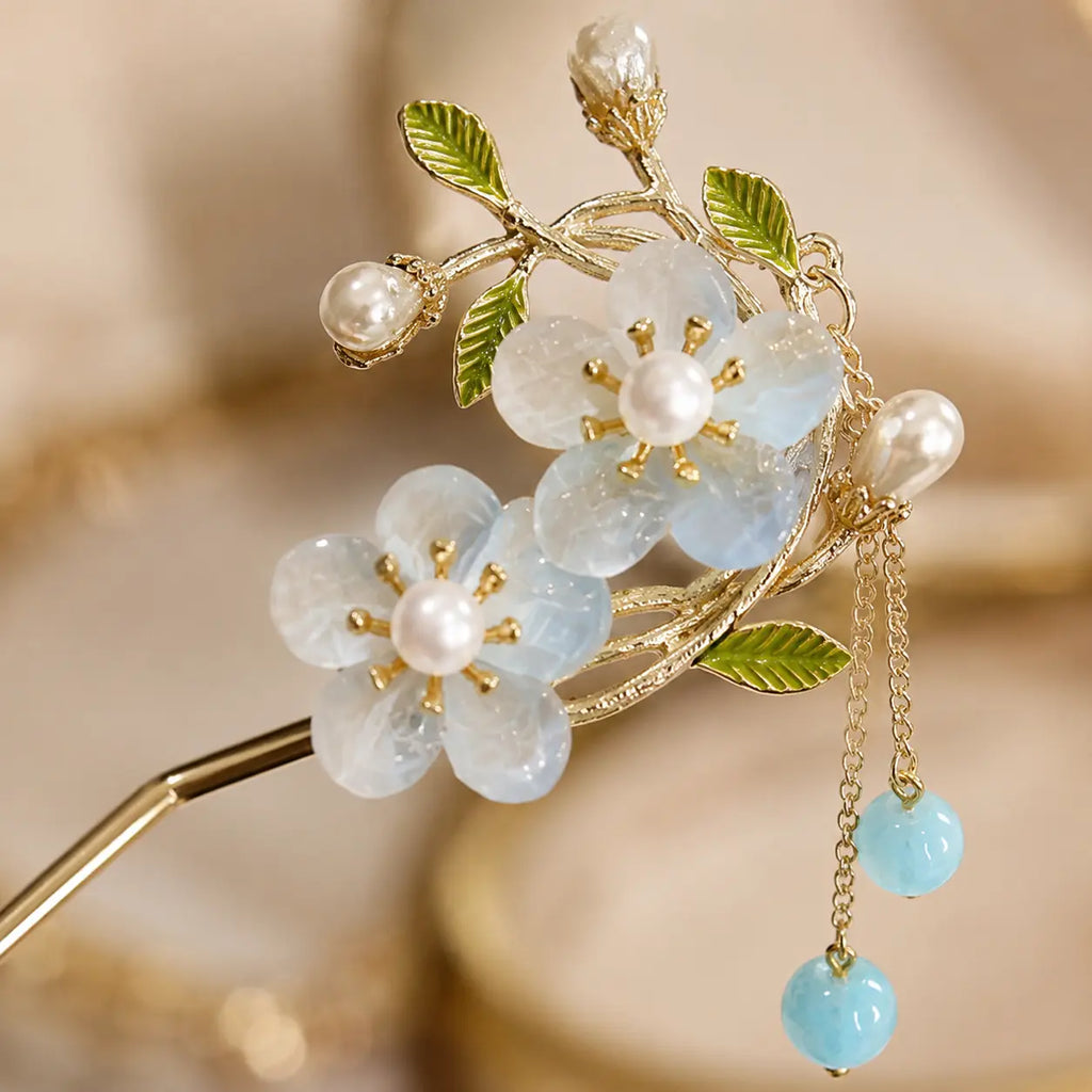 Azure Blossom Pearl Tassel Hairpin