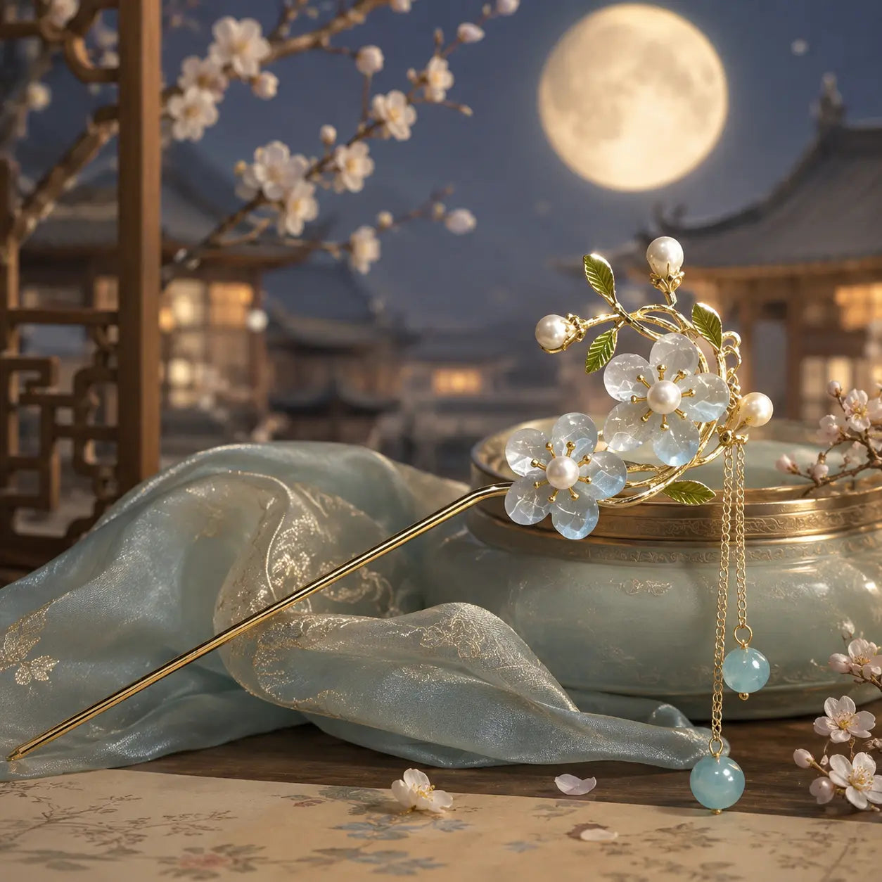 Azure Blossom Pearl Tassel Hairpin