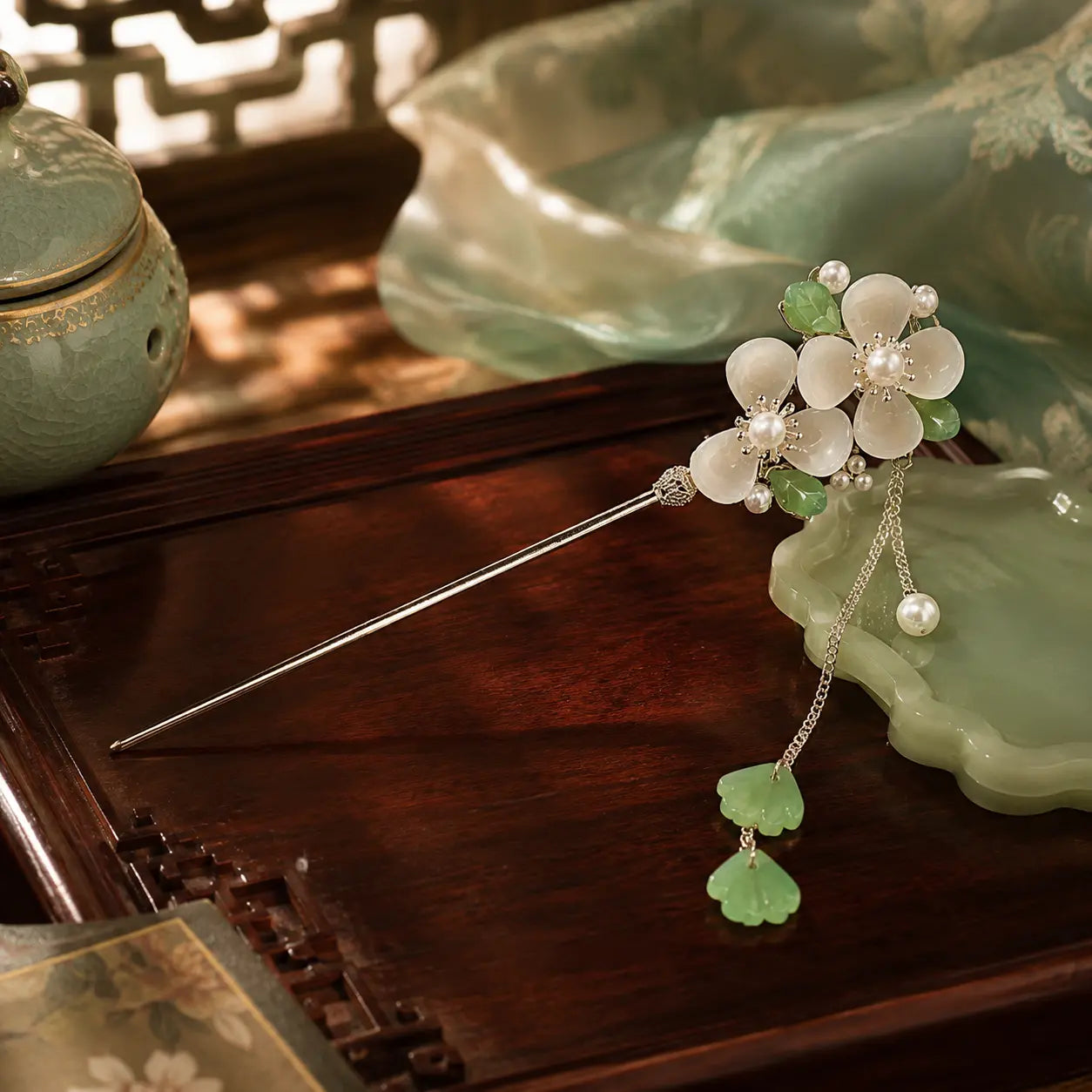 Jade Petal Blossom Tassel Hairpin