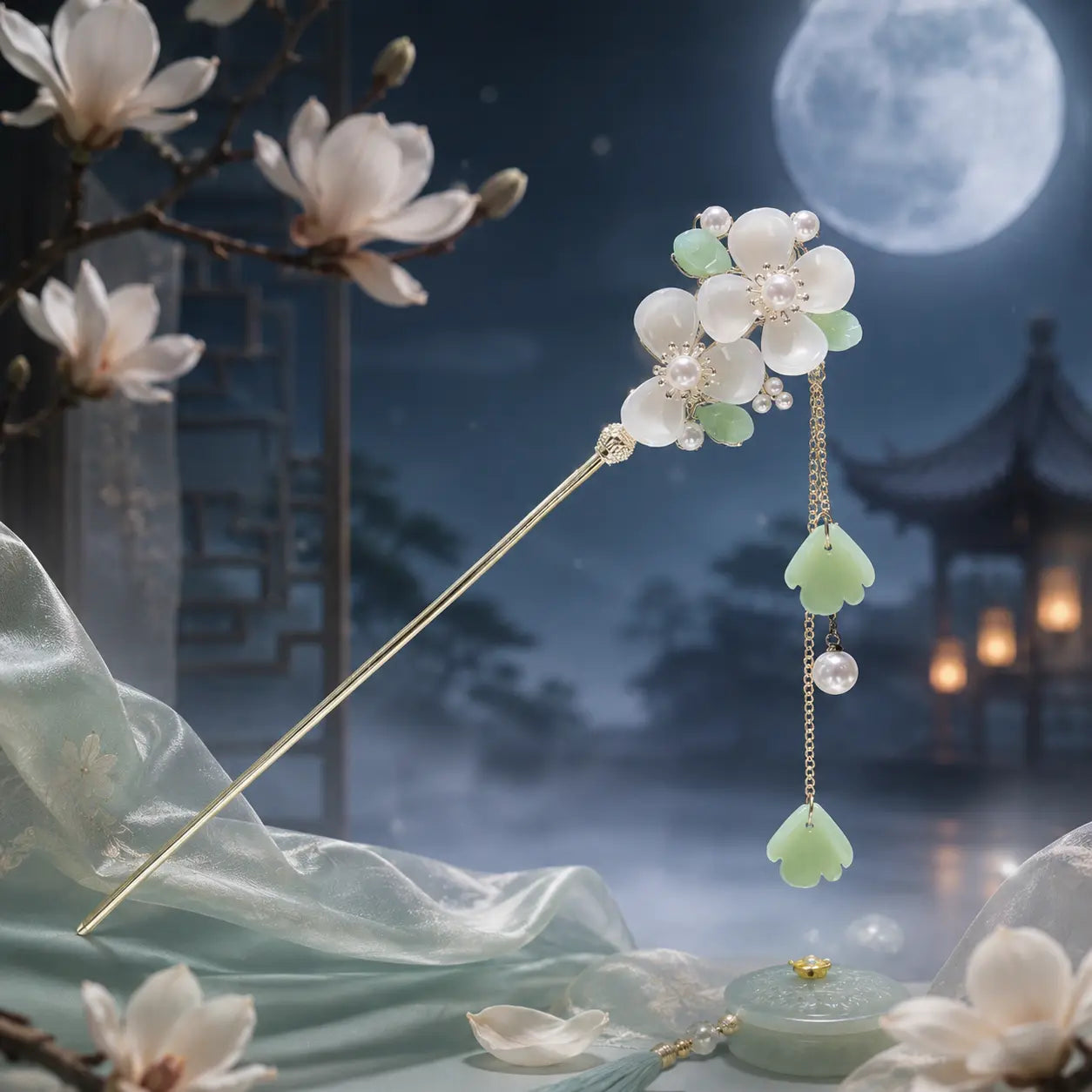 Jade Petal Blossom Tassel Hairpin