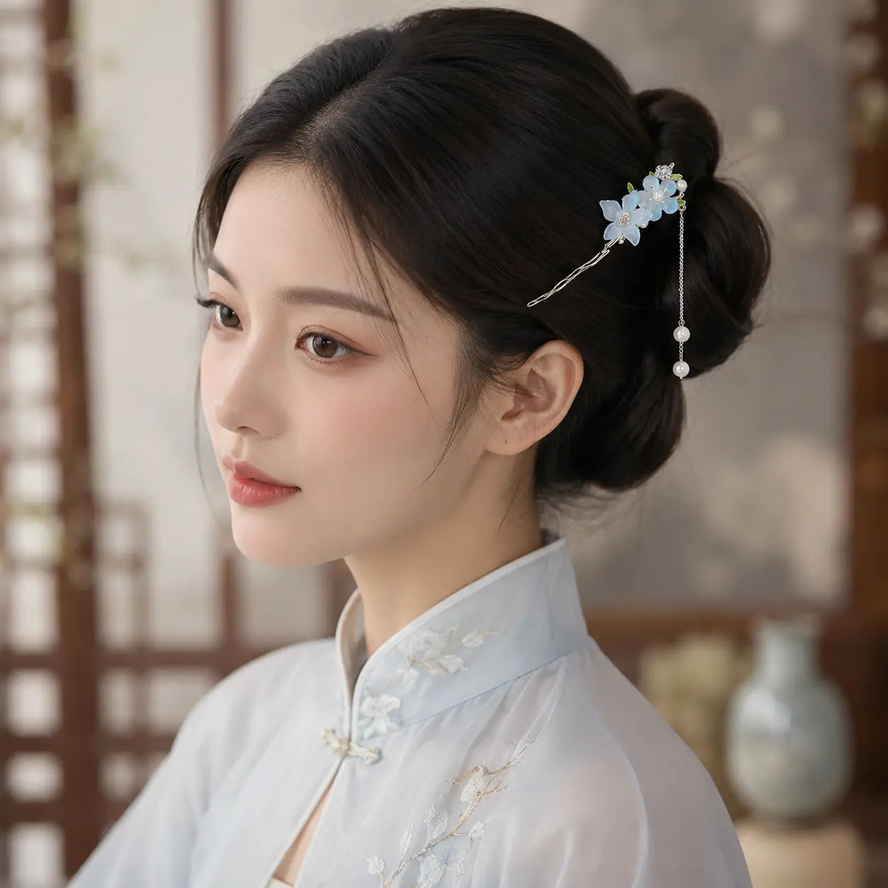 Misty Blue Blossom Pearl Tassel Hairpin