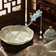Blue Floral Hair Pin with Pearl-Like Tassel