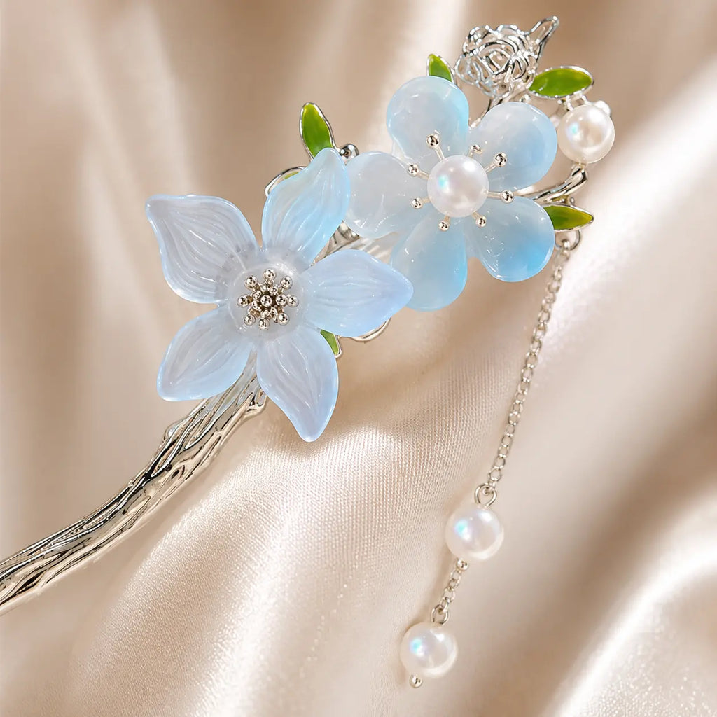 Misty Blue Blossom Pearl Tassel Hairpin