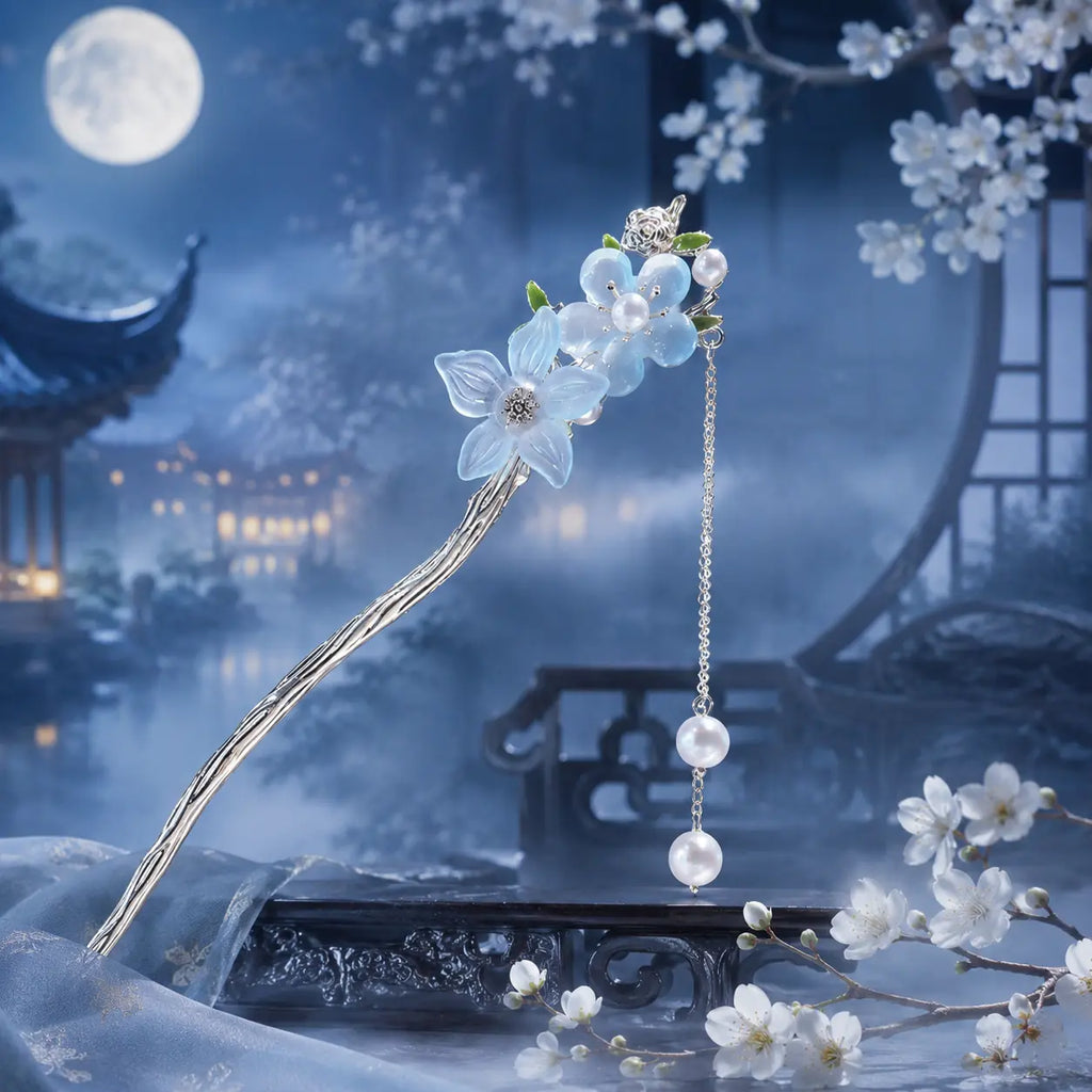 Misty Blue Blossom Pearl Tassel Hairpin