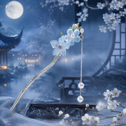 Blue Floral Hair Pin with Pearl-Like Tassel
