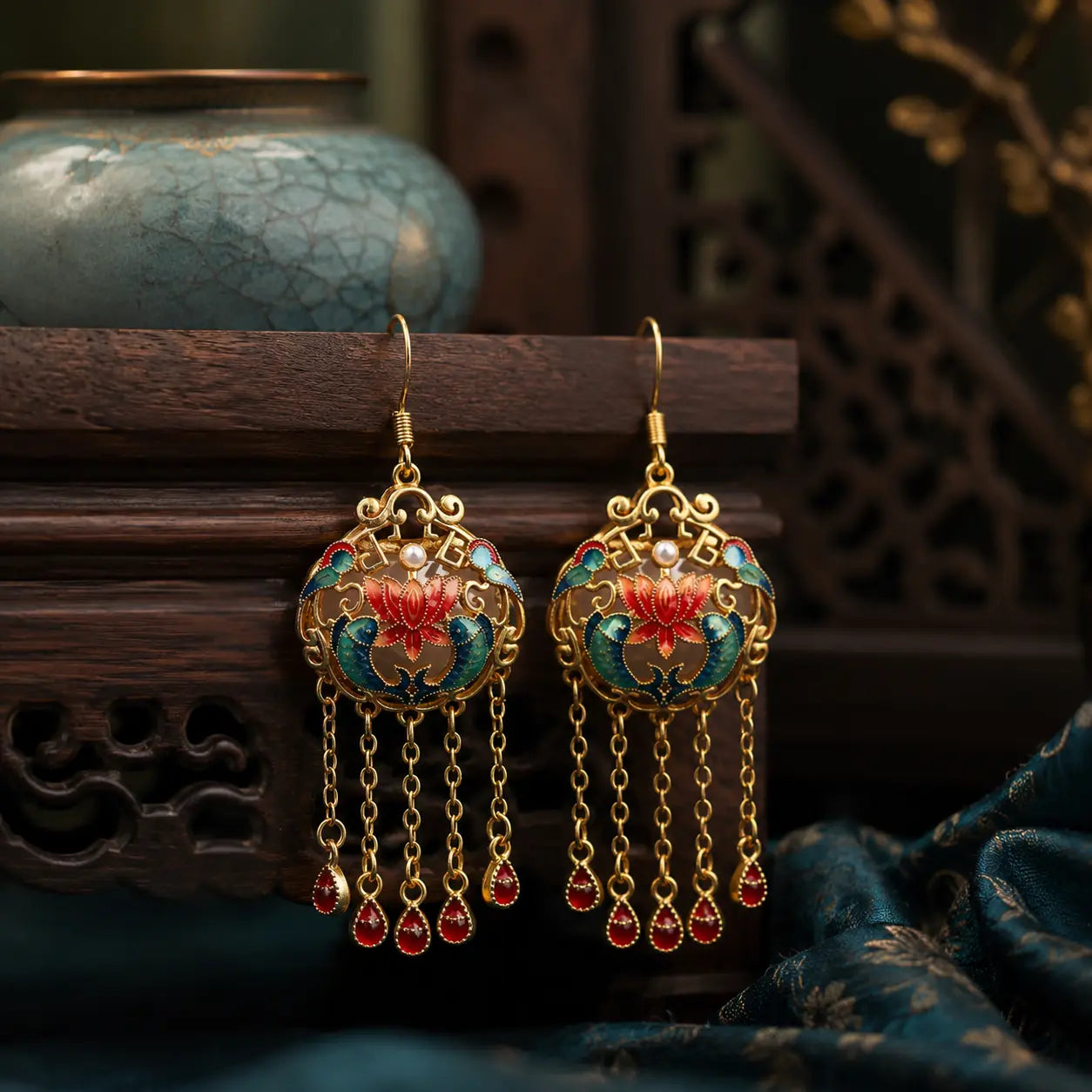Imperial Lotus Tassel Drop Earrings