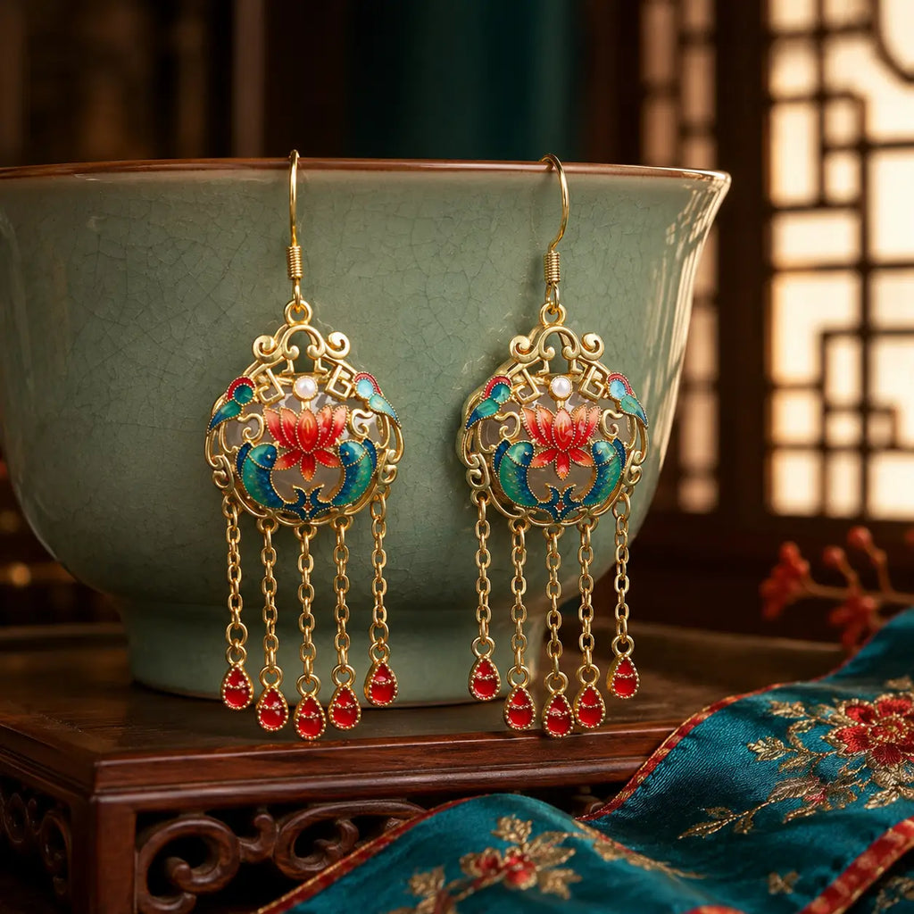 Imperial Lotus Tassel Drop Earrings