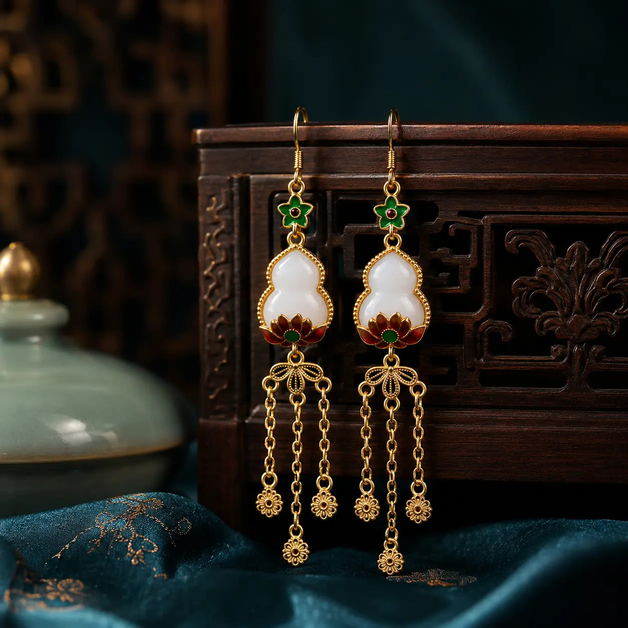 Imperial Gourd Lotus Tassel Drop Earrings