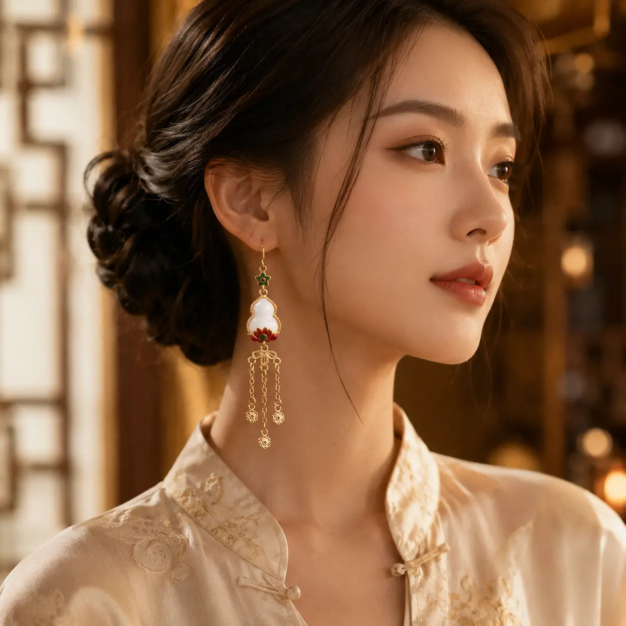 Imperial Gourd Lotus Tassel Drop Earrings