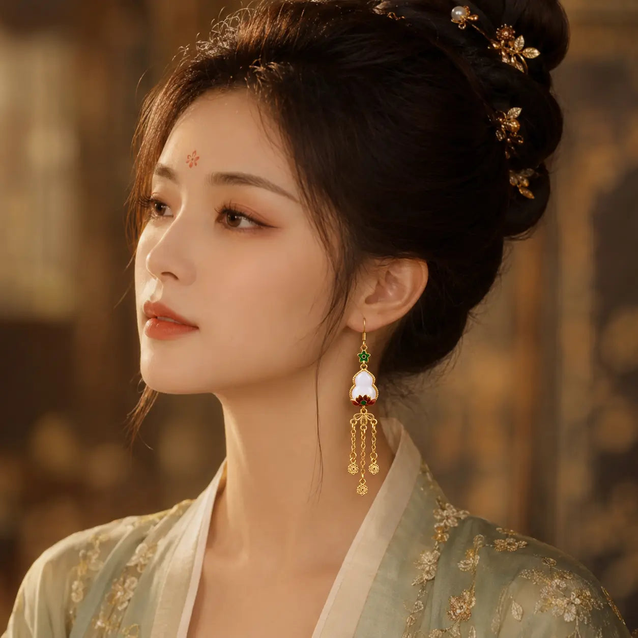 Imperial Gourd Lotus Tassel Drop Earrings