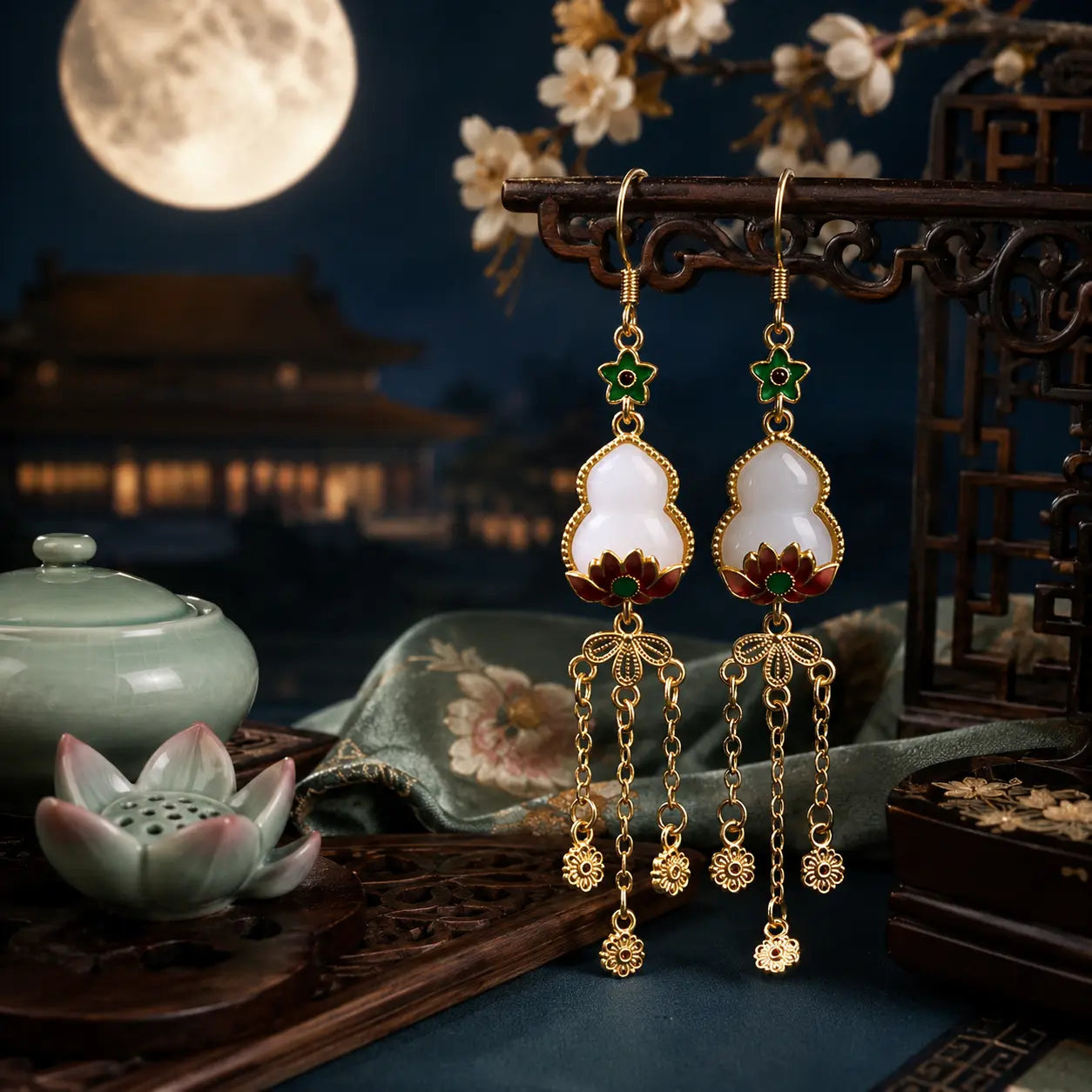 Imperial Gourd Lotus Tassel Drop Earrings