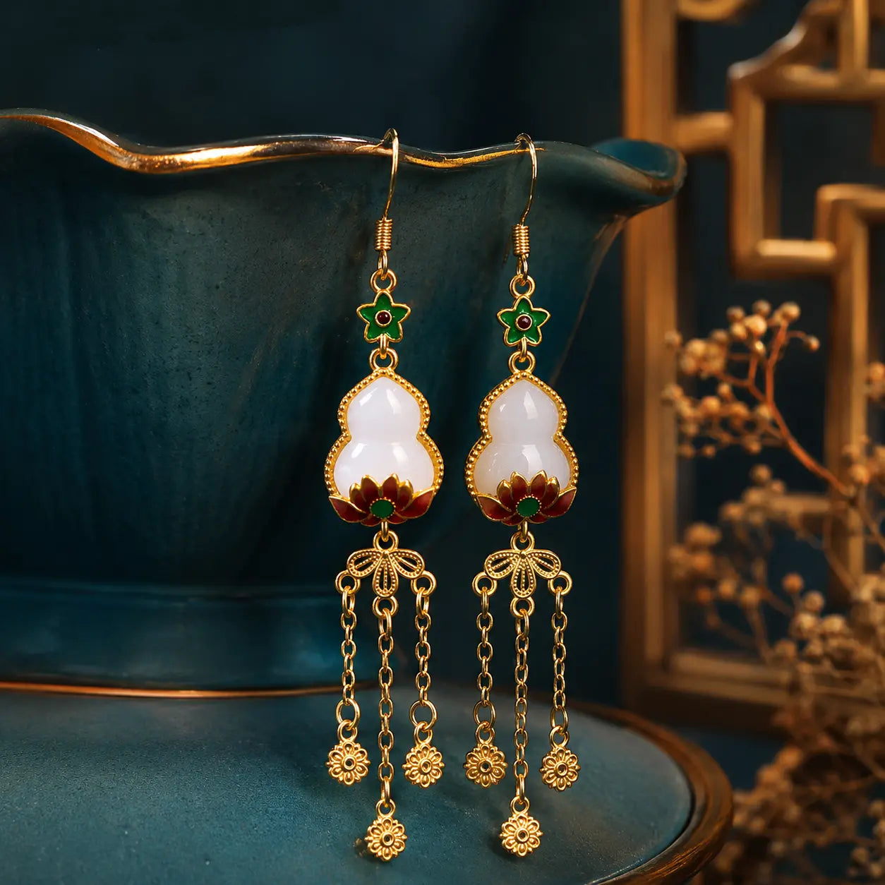 Imperial Gourd Lotus Tassel Drop Earrings