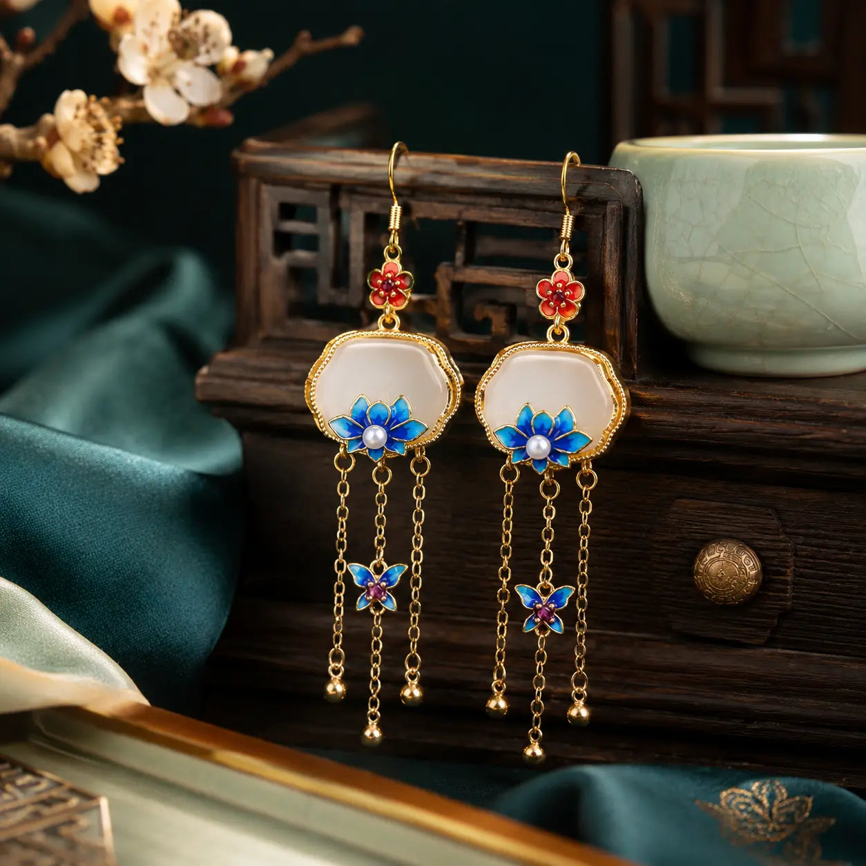 Azure Lotus Butterfly Tassel Drop Earrings