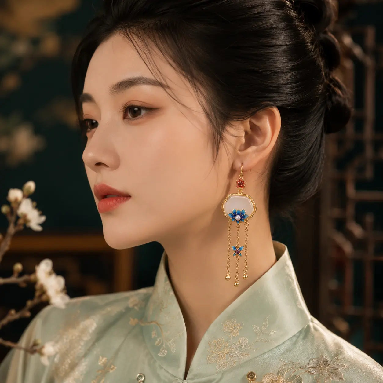 Azure Lotus Butterfly Tassel Drop Earrings