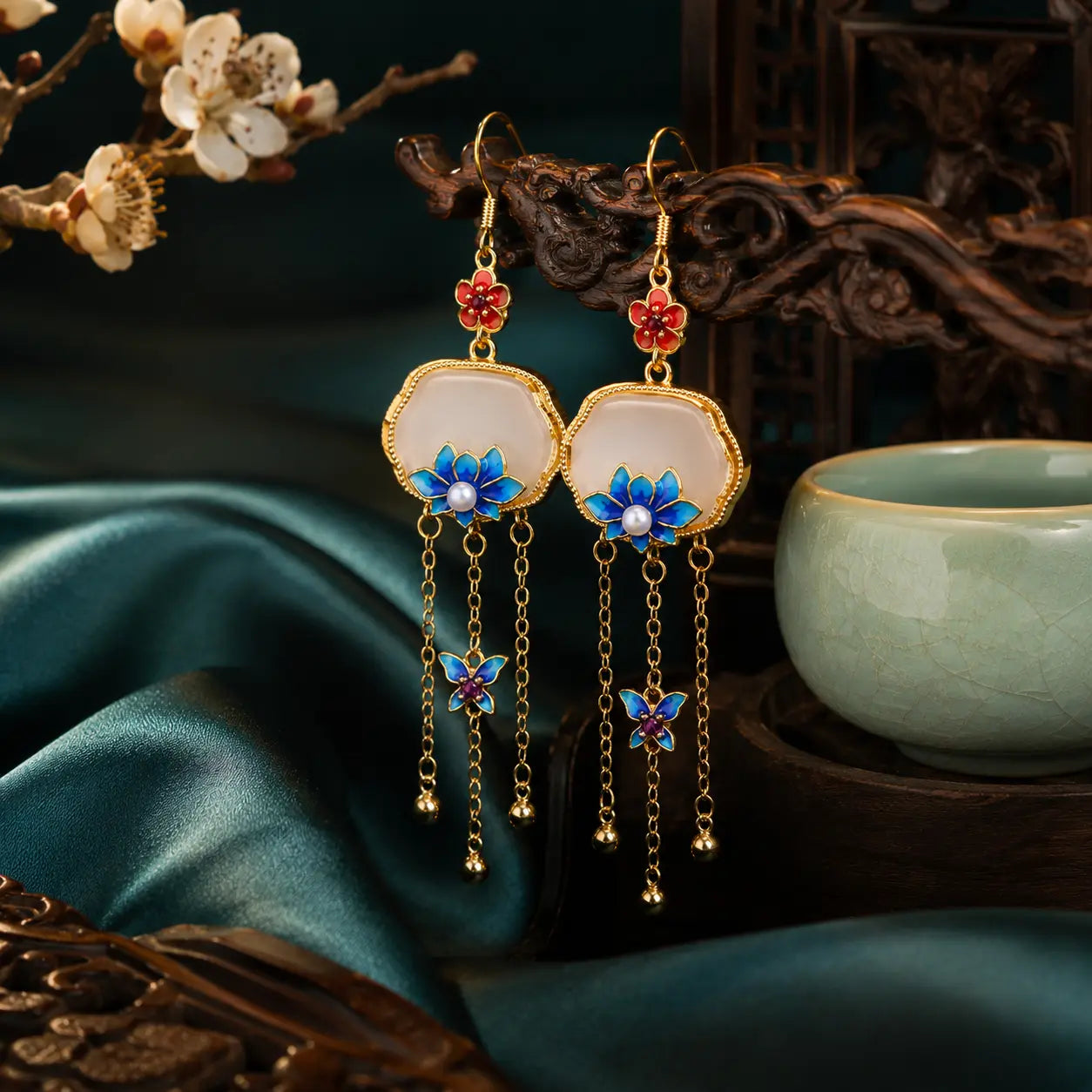 Azure Lotus Butterfly Tassel Drop Earrings