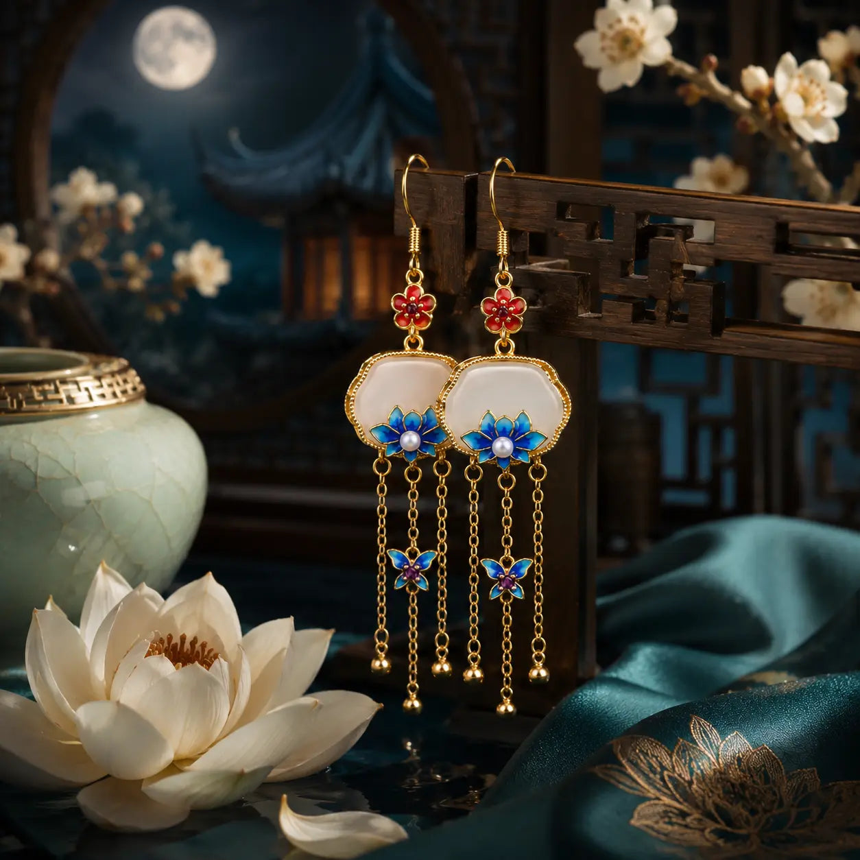 Azure Lotus Butterfly Tassel Drop Earrings