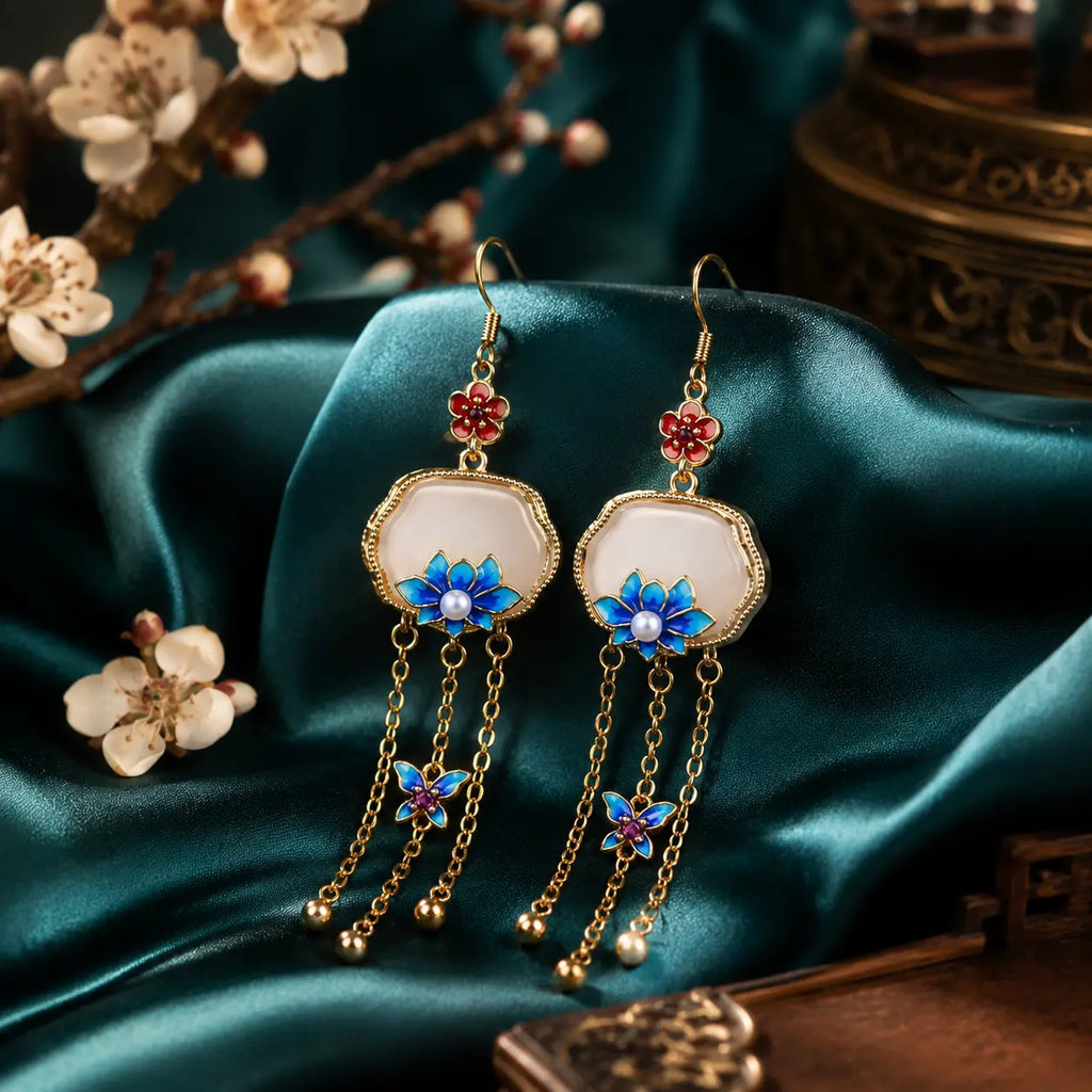 Azure Lotus Butterfly Tassel Drop Earrings