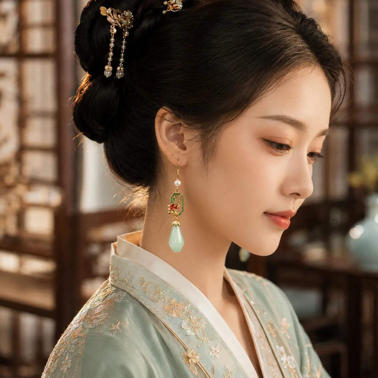 Jade Lotus Court Drop Earrings