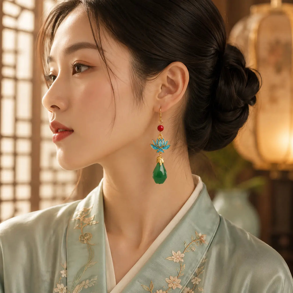 Azure Lotus Jade Drop Earrings