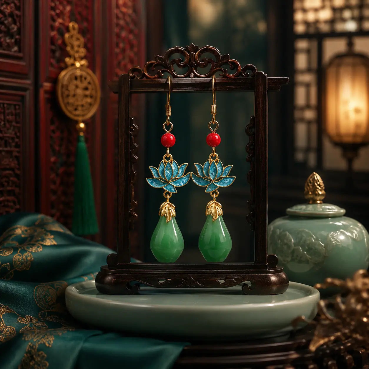 Azure Lotus Jade Drop Earrings