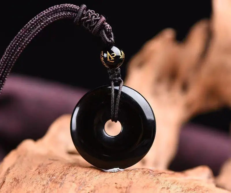 Natural Black Obsidian Bi Disc Pendant Necklace HanTang Style
