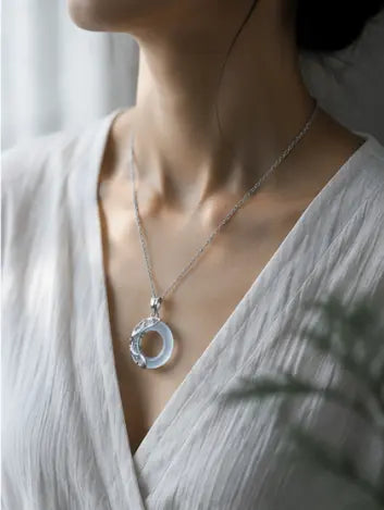 Natural White Jade Peace Buckle Koi Fish Lucky Necklace HanTang Style