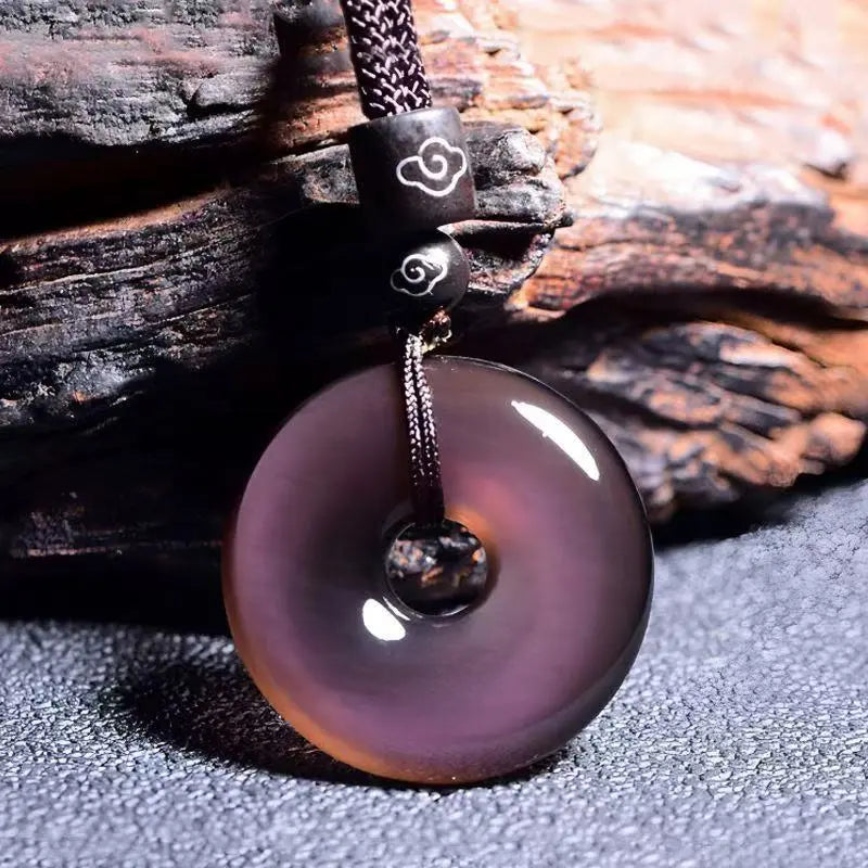 Natural Black Obsidian Bi Disc Pendant Necklace HanTang Style