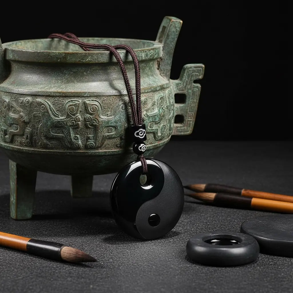 Black obsidian yin yang pendant on ancient Chinese bronze vessel with calligraphy brushes and ink stones