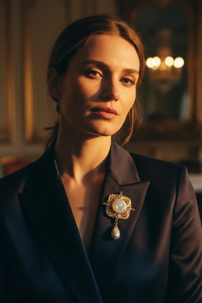 Western female model wearing baroque goddess cameo brooch on dark navy silk blazer lapel