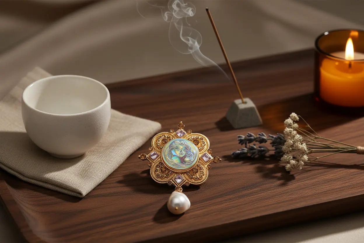 Baroque goddess cameo brooch on dark walnut tray with tea bowl, linen and incense, zen lifestyle