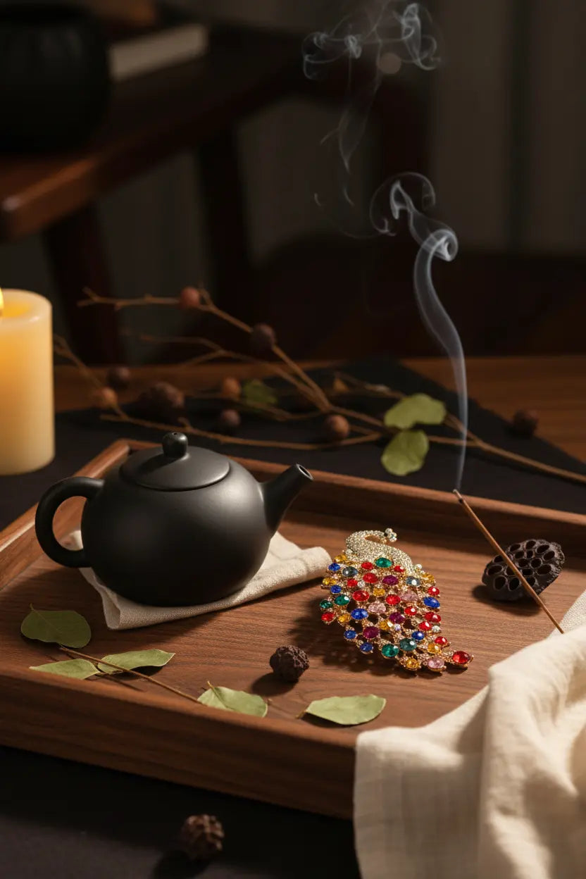 Peacock brooch on dark walnut tray with black teapot, linen and incense, zen lifestyle