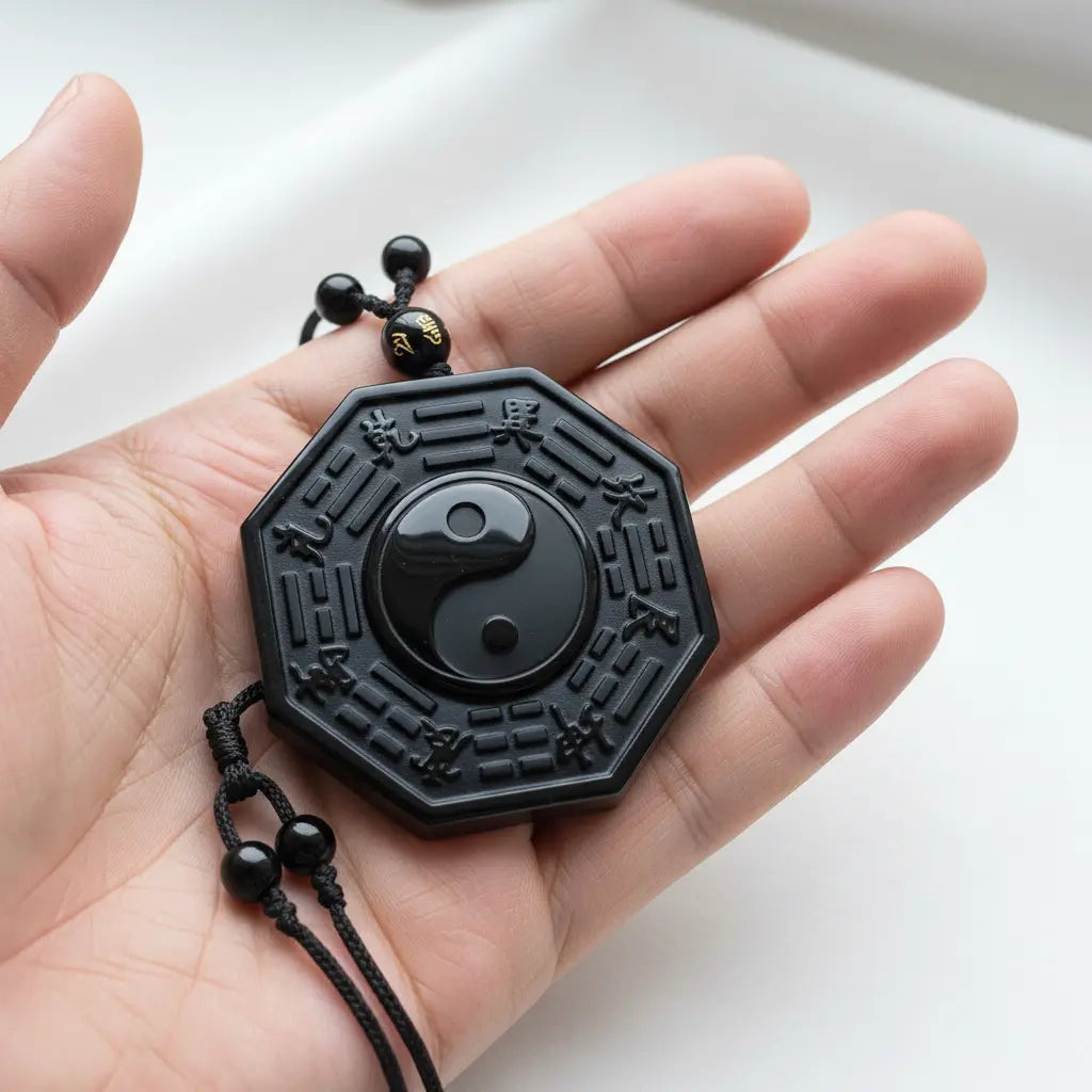 Black obsidian octagonal Bagua yin yang pendant held in hand, natural light, close-up product shot