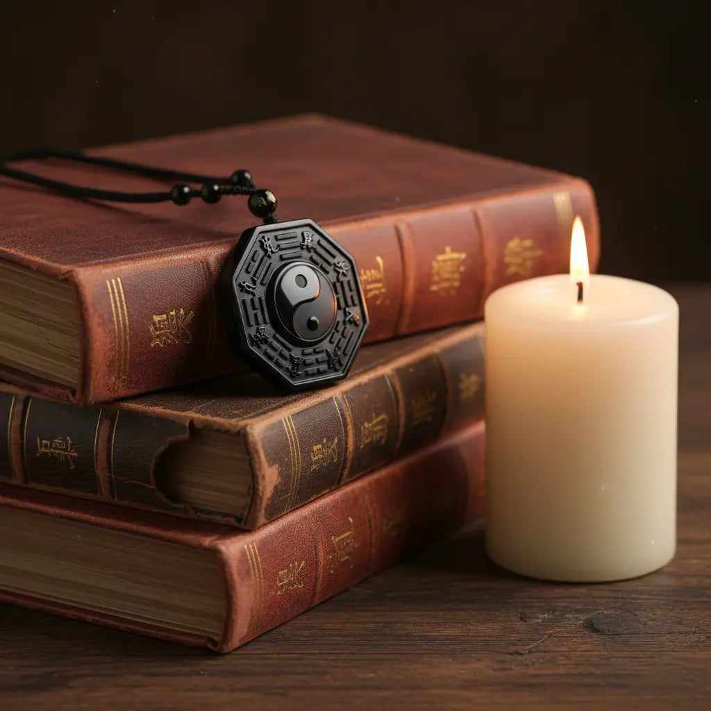 Black obsidian Bagua pendant on ancient books beside burning candle, warm amber light scholarly Eastern setting