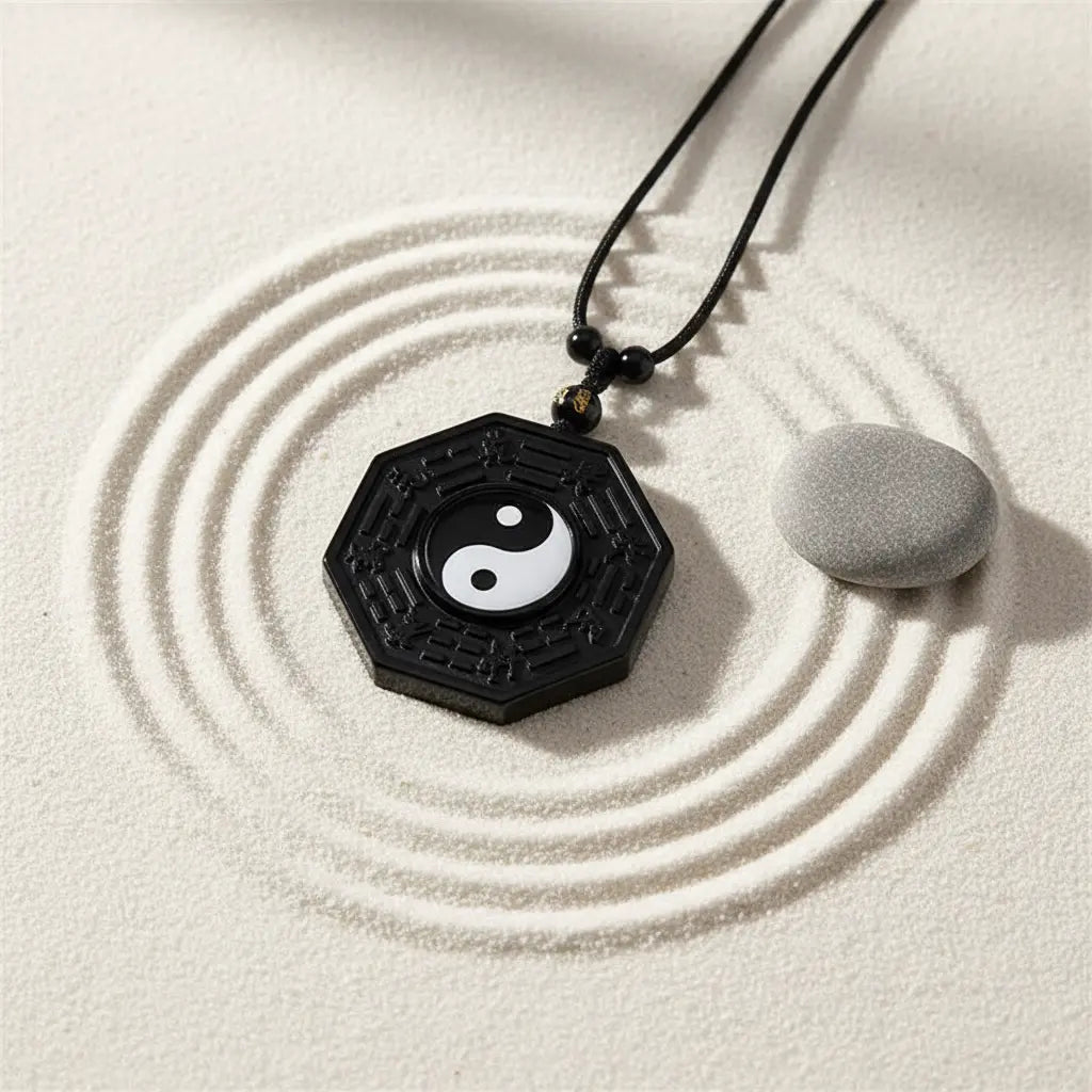 Black obsidian Bagua yin yang pendant on white zen sand garden with rake pattern and smooth river pebble