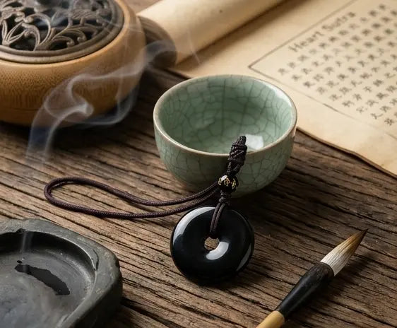 Natural Black Obsidian Bi Disc Pendant Necklace HanTang Style