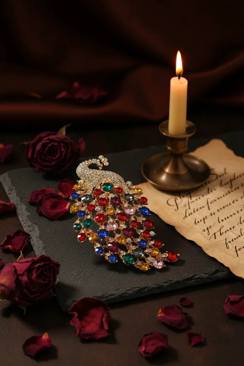 Artistic ritual flat lay of peacock brooch with rose petals and candlelight, dark moody