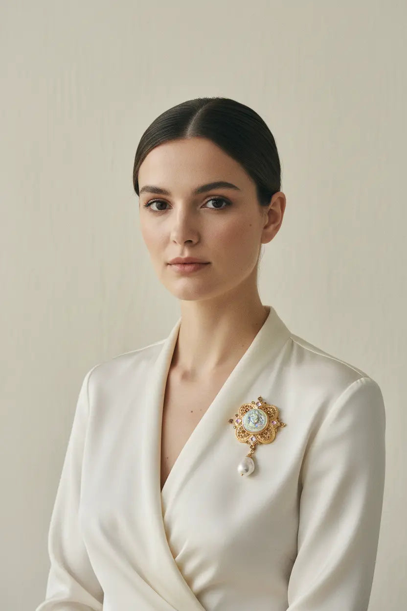 Elegant female model wearing baroque goddess cameo brooch, Pinterest luxury fashion editorial
