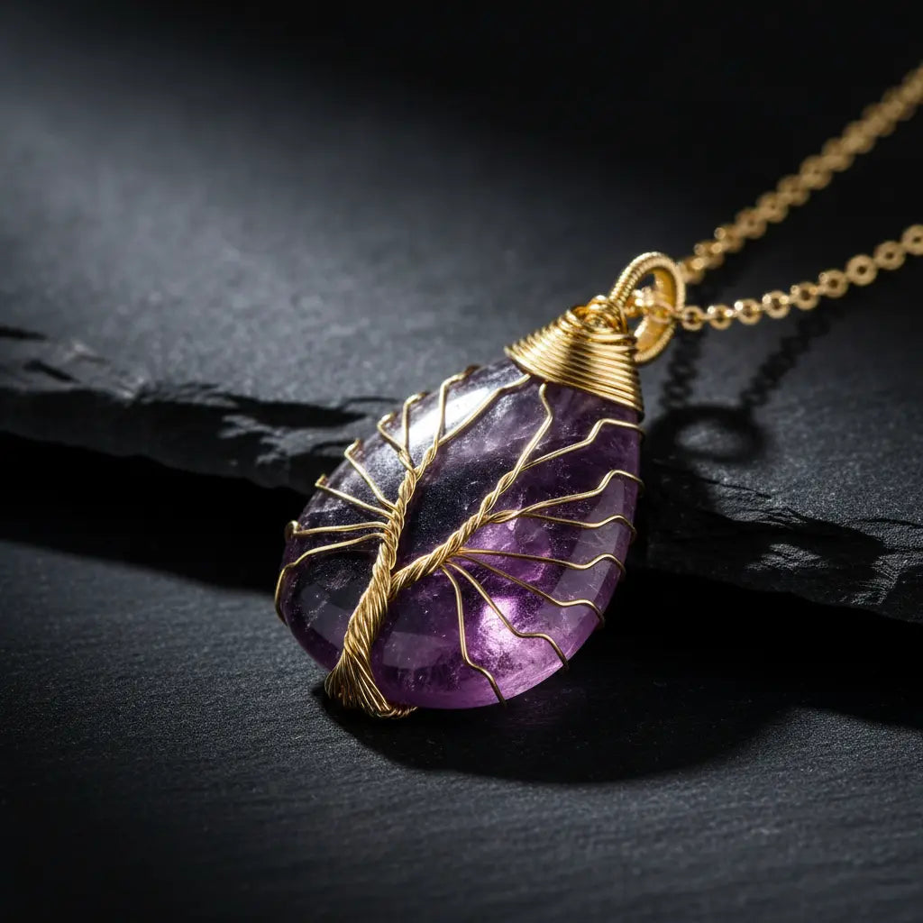 Amethyst Tree of Life pendant macro close-up showing gold wire wrapping detail and purple crystal texture on dark slate
