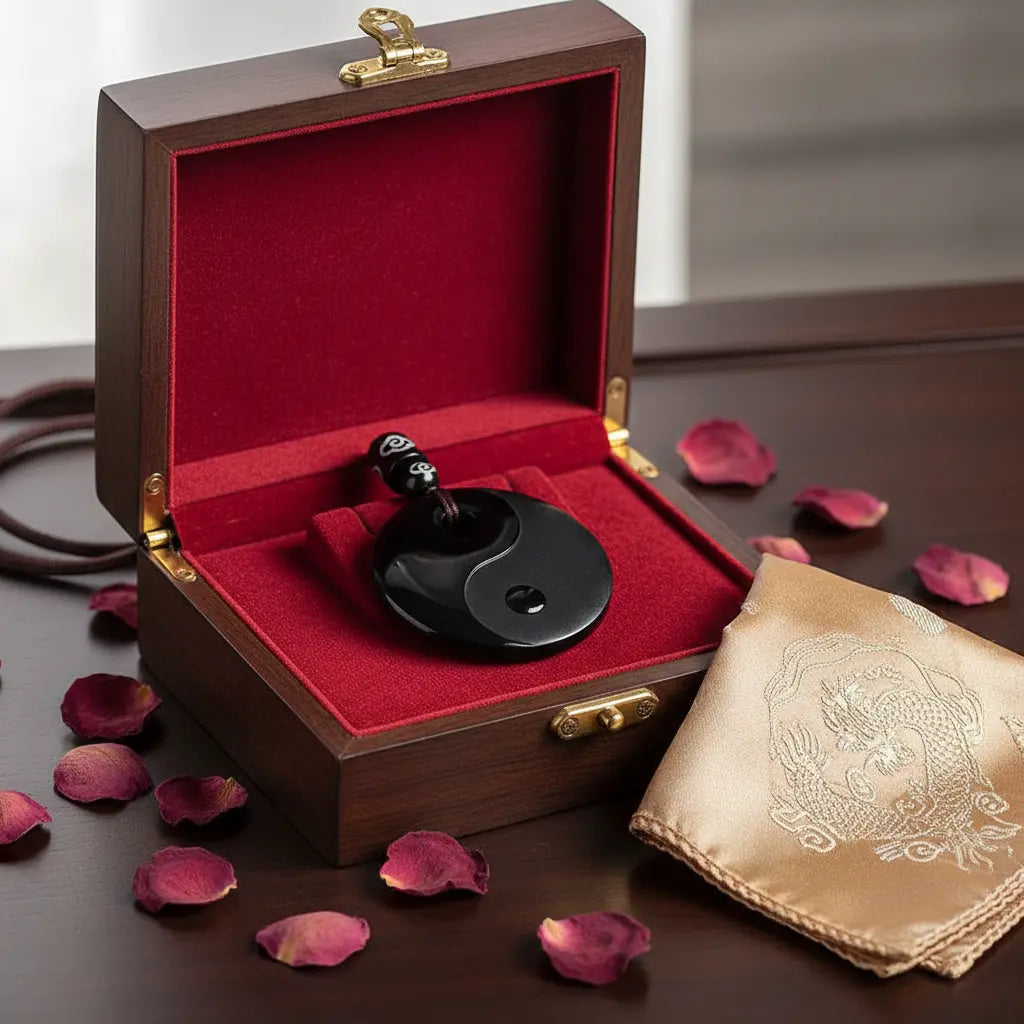 Black obsidian yin yang peace buckle necklace in traditional Chinese wooden jewelry box with red velvet lining and dried rose petals
