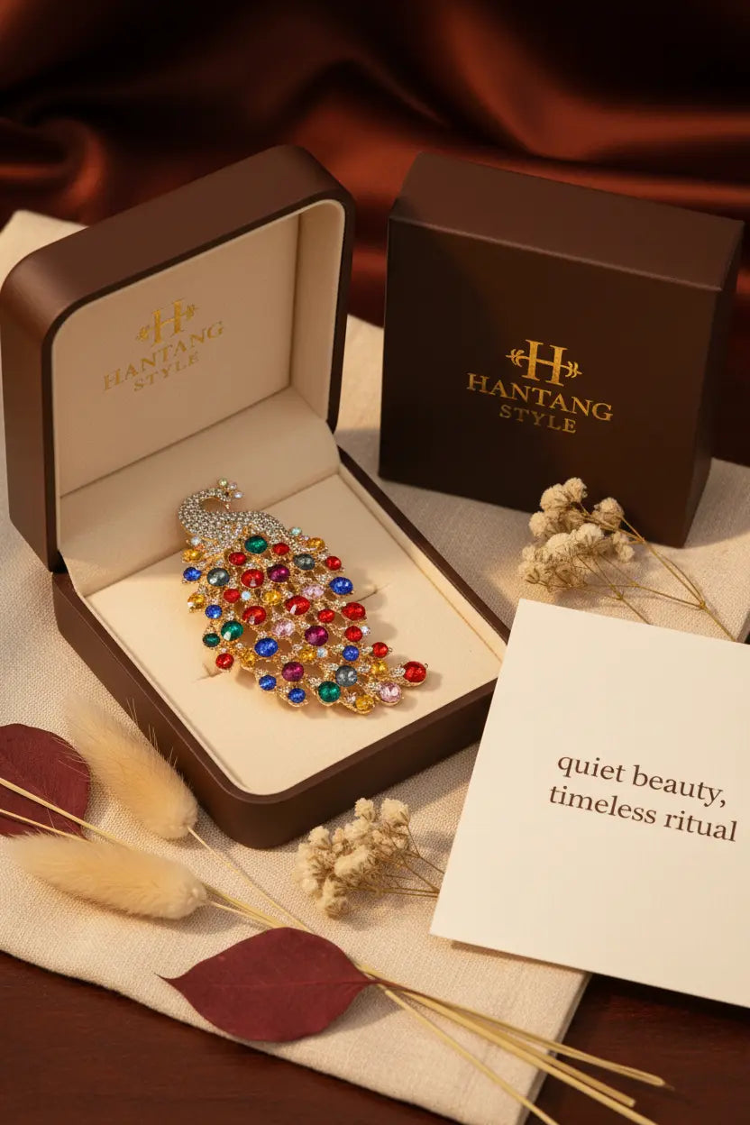 Peacock brooch in dark brown matte jewelry box with gold HANTANG STYLE logo