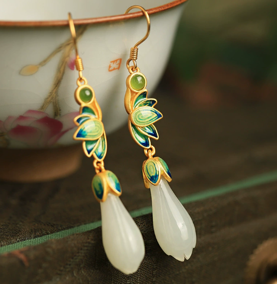 Soft Light Lotus Jade Earrings