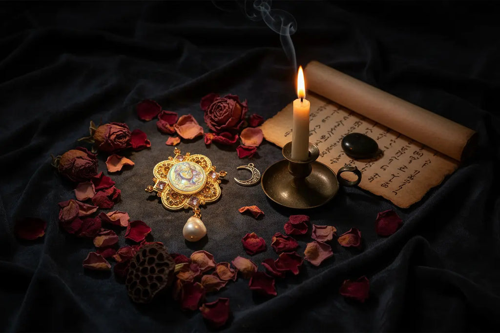 Artistic ritual flat lay of baroque goddess cameo brooch with rose petals and candlelight