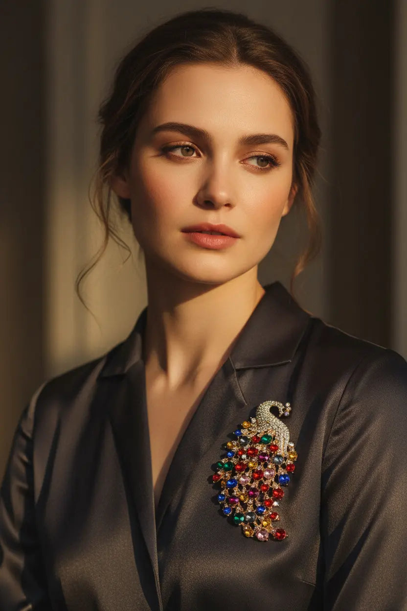 Western female model wearing multicolor crystal peacock brooch, luxury editorial