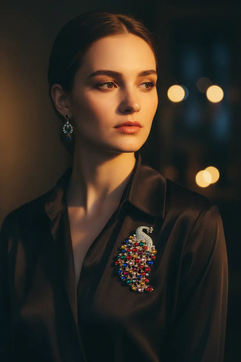 Elegant female model wearing peacock brooch, Pinterest luxury fashion editorial